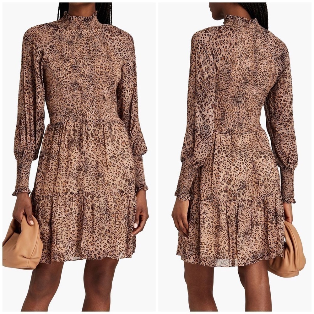 ML Monique Lhuillier Leopard Animal Print Crepe de Chine Mini Dress Long Sleeve
